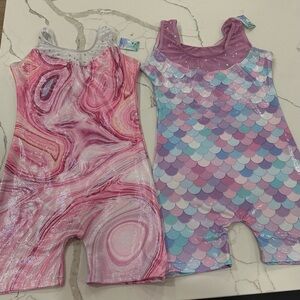 2 Girls Gymnastics Biketards - Pink Marble & Mermaid Scale - Size 140 (8/10)